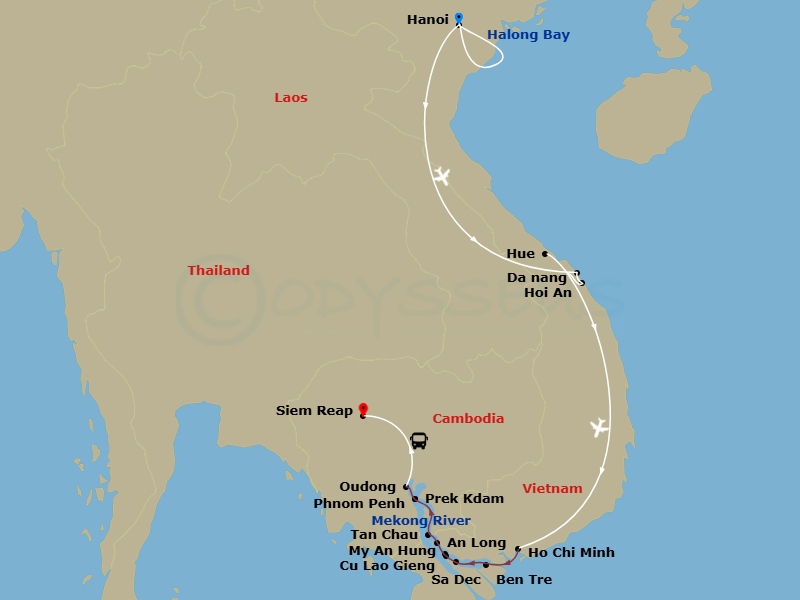 Emerald Harmony - 20 Night - Grand Tour of Vietnam & Cambodia - Emerald Harmony - Starting in Hanoi, Hanoi / Halong Bay, Halong Bay, Halong Bay / Hanoi, Hanoi / Danang / Hoi An.. itinerary map
