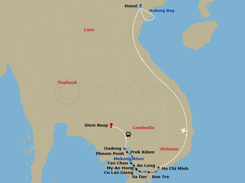 Emerald Harmony - 16 Night - Treasures & Temples of Vietnam & Cambodia - Emerald Harmony - Starting in Hanoi, Hanoi / Halong Bay, Halong Bay, Halong Bay / Hanoi, Hanoi / Ho Chi.. itinerary map