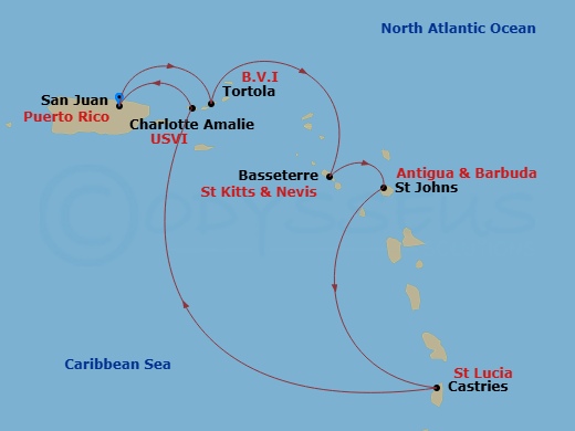 Valiant Lady - 7 Night - Thanksgiving in the Lesser Antilles - Valiant Lady - Starting in San Juan, Puerto Rico, Road Town, Tortola, British Virgin Islands, Basseterre, Sain.. itinerary map