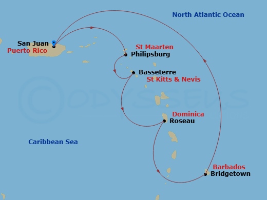 Valiant Lady - 6 Night - San Juan to Barbados & the St. Isles - Valiant Lady - Starting in San Juan, Puerto Rico, Philipsburg, Sint Maarten, Basseterre, Saint Kitts and Nevi.. itinerary map