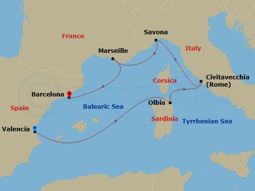 Costa Pacifica - 6 Night - Western Mediterranean from Valencia - Costa Pacifica - Starting in Valencia, Olbia, Civitavecchia, Savona, Marseille, Barcelona itinerary map