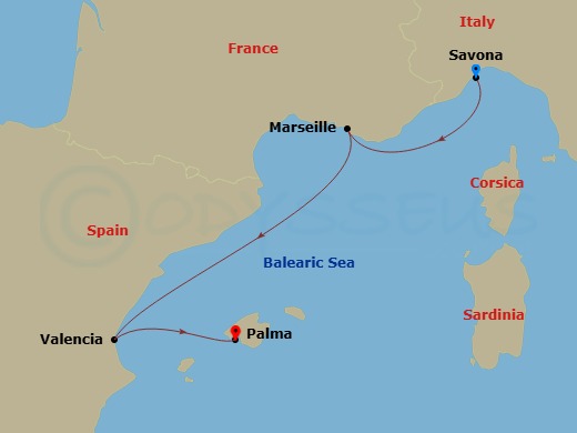 Costa Pacifica - 3 Night - Western Mediterranean from Savona - Costa Pacifica - Starting in Savona, Marseille, Valencia, Palma De Mallorca itinerary map