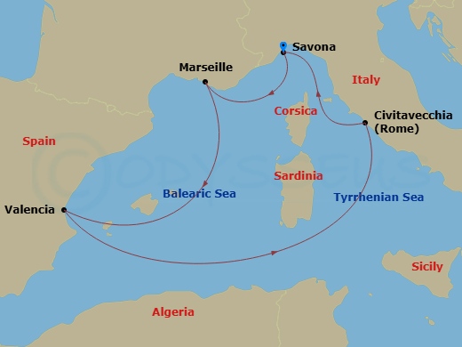 Costa Pacifica - 5 Night - Western Mediterranean from Savona - Costa Pacifica - Starting in Savona, Marseille, Valencia, Civitavecchia, Savona itinerary map