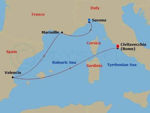Costa Pacifica - 4 Night - Western Mediterranean from Savona - Costa Pacifica - Starting in Savona, Marseille, Valencia, Civitavecchia itinerary map