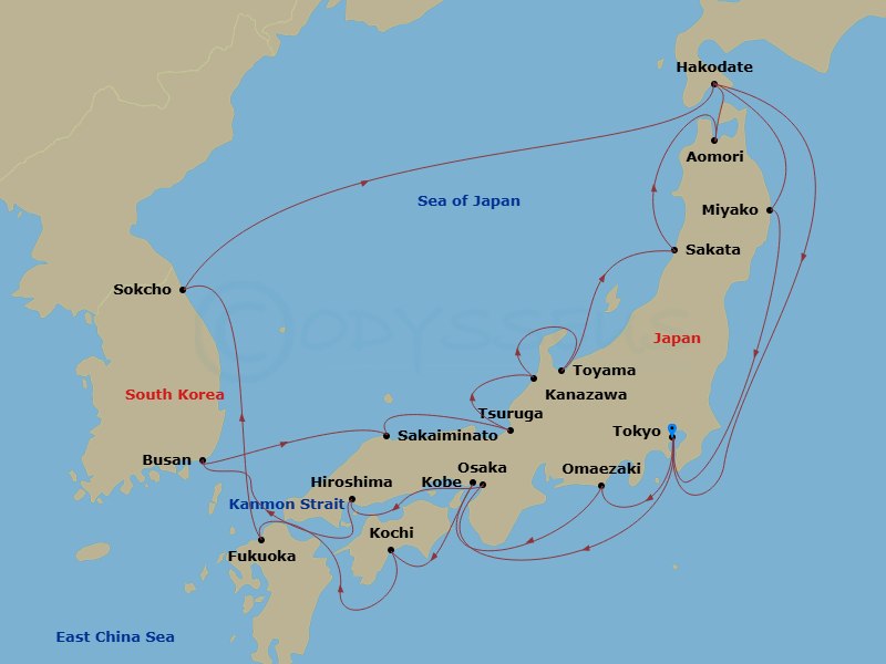 HAL Westerdam - 27 Night - Circle Japan - HAL Westerdam - Starting in Tokyo, Japan, Osaka, Japan, Kochi, Japan, Hiroshima, Japan, Scenic Cruising Kanmon Straits, Busan (Pusan.. itinerary map