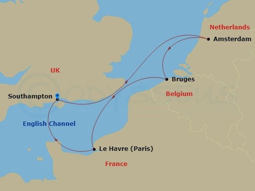 Queen Anne - 7 Night - Rotterdam, Zeebrugge and Le Havre - Queen Anne - Starting in Southampton, England, UK, Rotterdam, Netherlands, Zeebrugge (tours to Bruges), Belgium,.. itinerary map