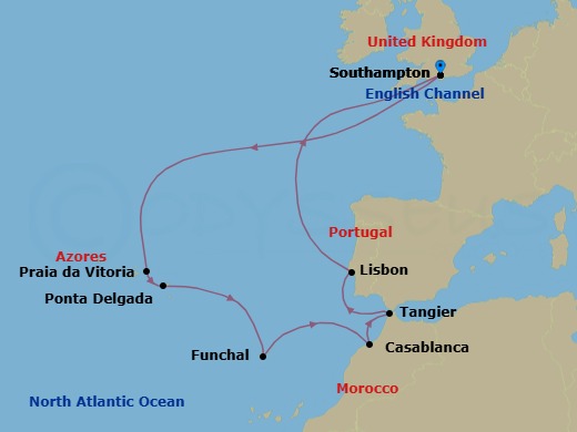 16 Night - Portugal and Morocco - Queen Victoria - Starting in Southampton, England, UK, Praia da Vitoria, Azores, Portugal, Ponta Delgada, Azores, Portugal, Funchal, Madeira, Portugal, Casablanca, Morocco, Tangier, Morocco, Lisbon, Portugal, Southampton, England, UK itinerary map