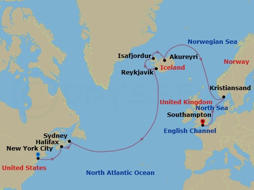 14 Night - Iceland and Canada - Queen Mary 2 - Starting in New York, NY, Halifax, NS, Canada, Sydney NS, Canada, Reykjavik, Iceland, Isafjordur, Iceland, Akureyri, Iceland, Kristiansand, Norway, Southampton, England, UK itinerary map