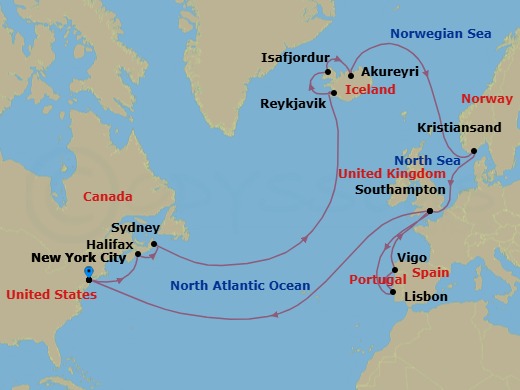 28 Night - Canada, Iceland, Portugal and Spain - Queen Mary 2 - Starting in New York, NY, Halifax, NS, Canada, Sydney NS, Canada, Reykjavik, Iceland, Isafjordur, Iceland, Akureyri, Iceland, Kristiansand, Norway, Southampton, England, UK, Lisbon, Portugal, Vigo (tours to Santiago de Compostela), Spain, Southampton, England, UK, New York, NY itinerary map