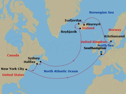 21 Night - Transatlantic Crossing, Iceland and Canada - Queen Mary 2 - Starting in Southampton, England, UK, New York, NY, Halifax, NS, Canada, Sydney NS, Canada, Reykjavik, Iceland, Isafjordur, Iceland, Akureyri, Iceland, Kristiansand, Norway, Southampton, England, UK itinerary map