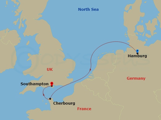 Queen Mary 2 - 3 Night - Short Break to Cherbourg - Queen Mary 2 - Starting in Hamburg, Germany, Cherbourg, France, Southampton, England, UK itinerary map