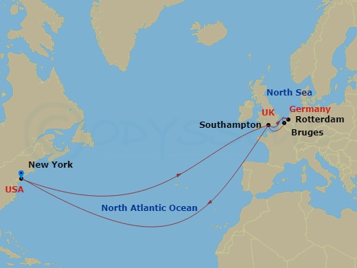 Queen Mary 2 - 19 Night - Roundtrip Transatlantic Crossing - Queen Mary 2 - Starting in New York, NY, Southampton, England, UK, Rotterdam, Netherlands, Zeebrugge (tours to B.. itinerary map