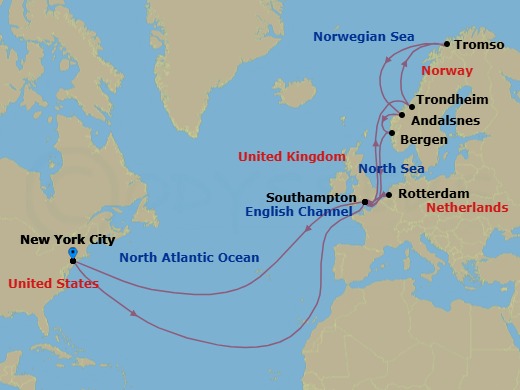 30 Night - Roundtrip Transatlantic Crossing - Queen Mary 2 - Starting in New York, NY, Southampton, England, UK, Rotterdam, Netherlands, Southampton, England, UK, Trondheim, Norway, Tromso, Norway, Andalsnes, Norway, Bergen, Norway, Southampton, England, UK, New York, NY itinerary map