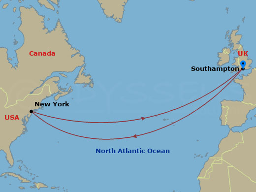 Queen Mary 2 - 14 Night - Roundtrip Transatlantic Crossing - Queen Mary 2 - Starting in Southampton, England, UK, New York, NY, Southampton, England, UK itinerary map