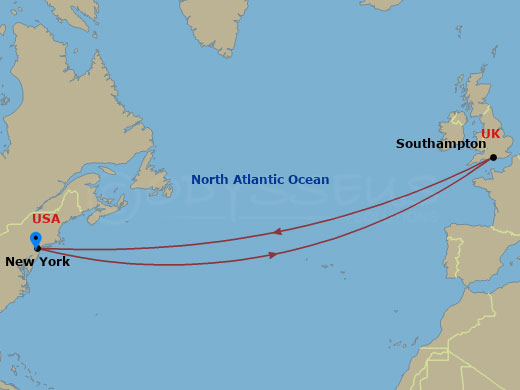 Queen Mary 2 - 14 Night - Roundtrip Transatlantic Crossing - Queen Mary 2 - Starting in New York, NY, Southampton, England, UK, New York, NY itinerary map
