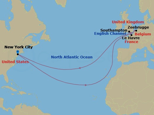 18 Night - Roundtrip Transatlantic Crossing - Queen Mary 2 - Starting in New York, NY, Southampton, England, UK, Zeebrugge (tours to Bruges), Belgium, Southampton, England, UK, Le Havre, France, New York, NY itinerary map