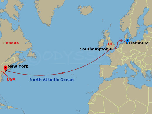 Queen Mary 2 - 9 Night - Westbound Transatlantic Crossing - Queen Mary 2 - Starting in Hamburg, Germany, Southampton, England, UK, New York, NY itinerary map