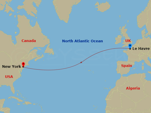 Queen Mary 2 - 7 Night - Westbound Transatlantic Crossing - Queen Mary 2 - Starting in Le Havre, France, New York, NY itinerary map