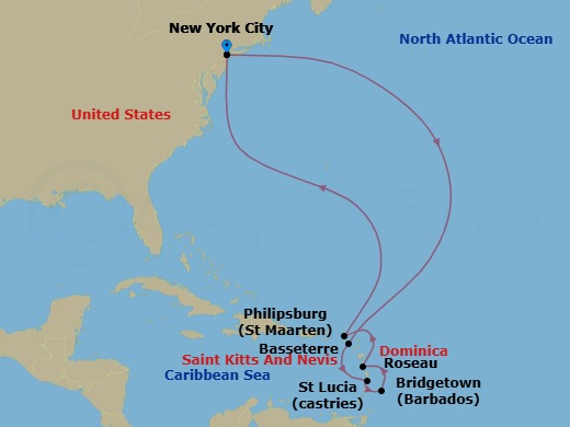 13 Night - Caribbean Celebration - Queen Mary 2 - Starting in New York, NY, Basseterre, St Kitts, Castries, St Lucia, Bridgetown, Barbados, Roseau, Dominica, Philipsburg, St Maarten, New York, NY itinerary map
