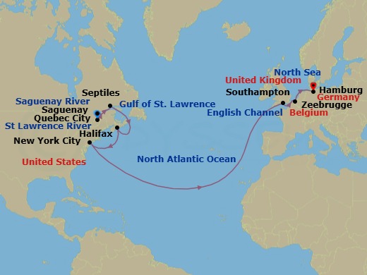17 Night - Transatlantic Crossing and Canada - Queen Mary 2 - Starting in Quebec, QC, Canada, Saguenay, QC, Canada, Sept-Iles, QC, Canada, Halifax, NS, Canada, New York, NY, Southampton, England, UK, Zeebrugge (tours to Bruges), Belgium, Hamburg, Germany itinerary map