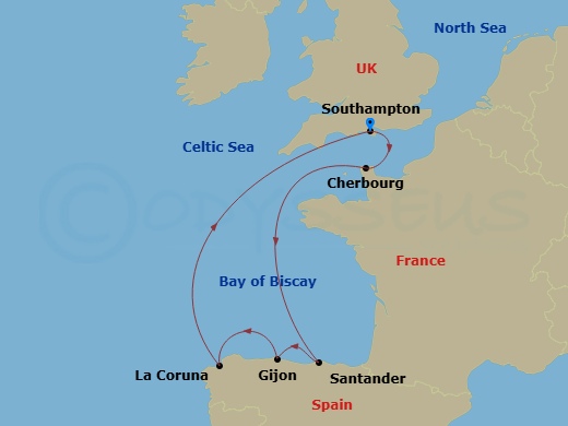 Queen Anne - 7 Night - Spain and France - Queen Anne - Starting in Southampton, England, UK, Cherbourg, France, Santander, Spain, Gijon, Spain, La Coruna (tours to Santiag.. itinerary map