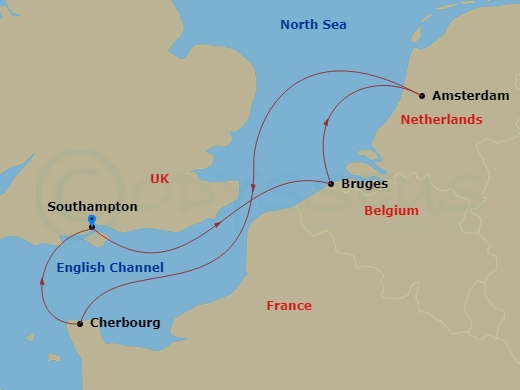 Queen Victoria - 7 Night - Zeebrugge, Amsterdam and Cherbourg - Queen Victoria - Starting in Southampton, England, UK, Zeebrugge (tours to Bruges), Belgium, Amsterdam, Netherl.. itinerary map