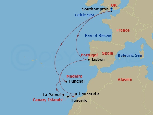 Queen Victoria - 13 Night - Canary Islands Celebration - Queen Victoria - Starting in Southampton, England, UK, Lisbon, Portugal, Lanzarote, Spain, Tenerife, Spain, La Palma,.. itinerary map