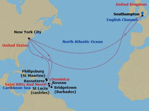 28 Night - Transatlantic Crossing and Caribbean Celebration - Queen Mary 2 - Starting in Southampton, England, UK, New York, NY, Basseterre, St Kitts, Castries, St Lucia, Bridgetown, Barbados, Roseau, Dominica, Philipsburg, St Maarten, New York, NY, Southampton, England, UK itinerary map