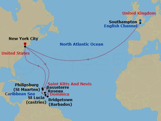 20 Night - Transatlantic Crossing and Caribbean Celebration - Queen Mary 2 - Starting in Southampton, England, UK, New York, NY, Basseterre, St Kitts, Castries, St Lucia, Bridgetown, Barbados, Roseau, Dominica, Philipsburg, St Maarten, New York, NY itinerary map