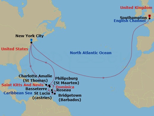 20 Night - Transatlantic Crossing and Eastern Caribbean - Queen Mary 2 - Starting in New York, NY, St Thomas, US Virgin Islands, Basseterre, St Kitts, Castries, St Lucia, Bridgetown, Barbados, Roseau, Dominica, Philipsburg, St Maarten, New York, NY, Southampton, England, UK itinerary map