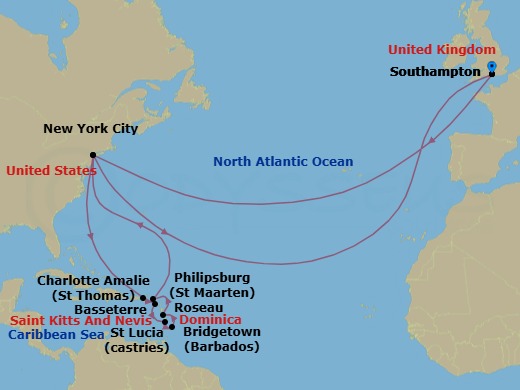 27 Night - Transatlantic Crossing and Eastern Caribbean - Queen Mary 2 - Starting in Southampton, England, UK, New York, NY, St Thomas, US Virgin Islands, Basseterre, St Kitts, Castries, St Lucia, Bridgetown, Barbados, Roseau, Dominica, Philipsburg, St Maarten, New York, NY, Southampton, England, UK itinerary map