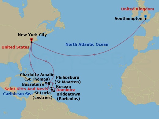 20 Night - Transatlantic Crossing and Eastern Caribbean - Queen Mary 2 - Starting in Southampton, England, UK, New York, NY, St Thomas, US Virgin Islands, Basseterre, St Kitts, Castries, St Lucia, Bridgetown, Barbados, Roseau, Dominica, Philipsburg, St Maarten, New York, NY itinerary map