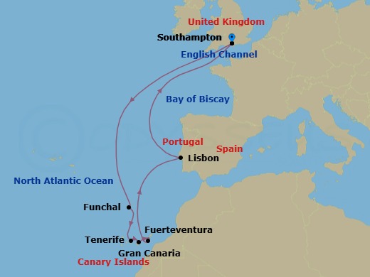 12 Night - Canary Islands - Queen Anne - Starting in Southampton, England, UK, Funchal, Madeira, Portugal, Tenerife, Spain, Gran Canaria, Spain, Fuerteventura, Spain, Lisbon, Portugal, Southampton, England, UK itinerary map