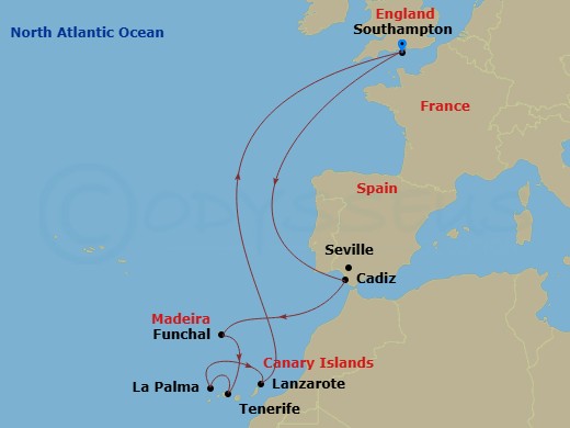 Queen Victoria - 12 Night - Canary Islands - Queen Victoria - Starting in Southampton, England, UK, Cadiz (tours to Seville), Spain, Funchal, Madeira, Portugal, Tenerife, Spai.. itinerary map
