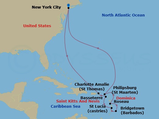 13 Night - Eastern Caribbean - Queen Mary 2 - Starting in New York, NY, St Thomas, US Virgin Islands, Basseterre, St Kitts, Castries, St Lucia, Bridgetown, Barbados, Roseau, Dominica, Philipsburg, St Maarten, New York, NY itinerary map
