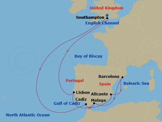 12 Night - Spain and Portugal - Queen Victoria - Starting in Southampton, England, UK, Lisbon, Portugal, Alicante, Spain, Barcelona, Spain, Malaga (tours to Granada), Spain, Cadiz (tours to Seville), Spain, Southampton, England, UK itinerary map