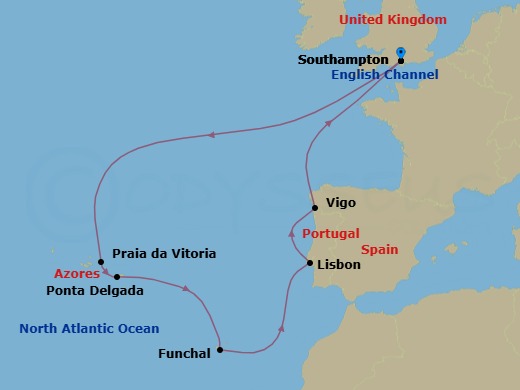 12 Night - Spain and Portugal - Queen Anne - Starting in Southampton, England, UK, Praia da Vitoria, Azores, Portugal, Ponta Delgada, Azores, Portugal, Funchal, Madeira, Portugal, Lisbon, Portugal, Vigo (tours to Santiago de Compostela), Spain, Southampton, England, UK itinerary map