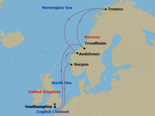 12 Night - Norway and Northern Lights - Queen Mary 2 - Starting in Southampton, England, UK, Trondheim, Norway, Tromso, Norway, Andalsnes, Norway, Bergen, Norway, Southampton, England, UK itinerary map