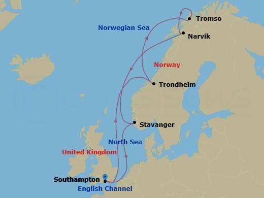 12 Night - Norway and Northern Lights - Queen Anne - Starting in Southampton, England, UK, Trondheim, Norway, Tromso, Norway, Narvik, Norway, Stavanger, Norway, Southampton, England, UK itinerary map