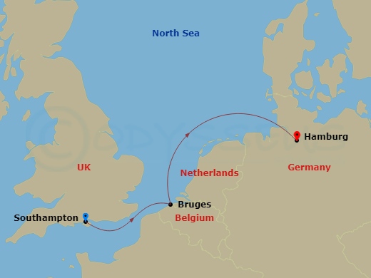 Queen Mary 2 - 3 Night - Short Break to Zeebrugge - Queen Mary 2 - Starting in Southampton, England, UK, Zeebrugge (tours to Bruges), Belgium, Hamburg, Germany itinerary map