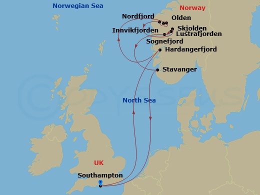 Queen Anne - 7 Night - Norwegian Fjords - Queen Anne - Starting in Southampton, England, UK, Hardangerfjord, Norway (Scenic Cruising), Olden, Norway, Innvikfjorden, Norway.. itinerary map
