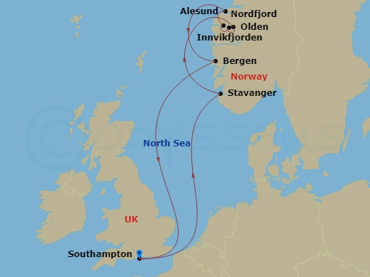 Queen Anne - 7 Night - Norwegian Fjords - Queen Anne - Starting in Southampton, England, UK, Stavanger, Norway, Olden, Norway, Innvikfjorden, Norway (Scenic Cruising), Nor.. itinerary map