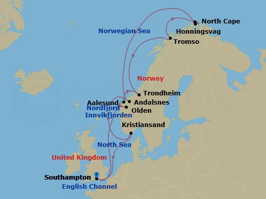14 Night - Norwegian Fjords - Queen Mary 2 - Starting in Southampton, England, UK, Olden, Norway, Innvikfjorden, Norway (Scenic Cruising), Nordfjord, Norway (Scenic Cruising), Alesund, Norway, Trondheim, Norway, Tromso, Norway, Honningsvaag, Norway, North Cape (Sail by), Andalsnes, Norway, Kristiansand, Norway, Southampton, England, UK itinerary map