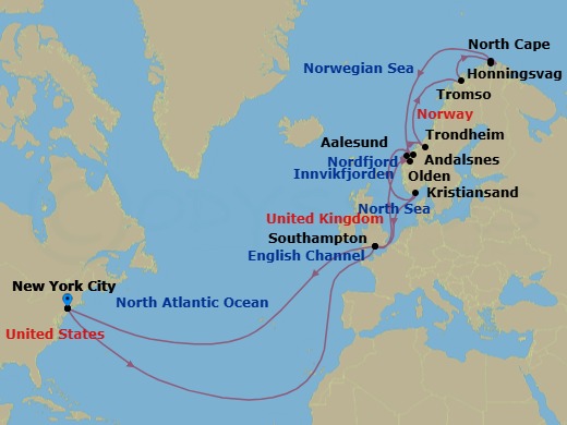 28 Night - Norwegian Fjords - Queen Mary 2 - Starting in New York, NY, Southampton, England, UK, Olden, Norway, Innvikfjorden, Norway (Scenic Cruising), Nordfjord, Norway (Scenic Cruising), Alesund, Norway, Trondheim, Norway, Tromso, Norway, Honningsvaag, Norway, North Cape (Sail by), Andalsnes, Norway, Kristiansand, Norway, Southampton, England, UK, New York, NY itinerary map