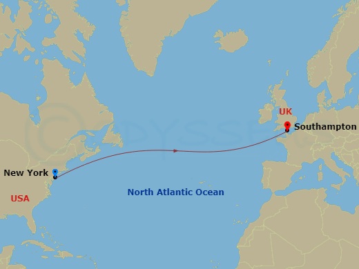 Queen Mary 2 - 8 Night - Eastbound Transatlantic Crossing - Queen Mary 2 - Starting in New York, NY, Southampton, England, UK itinerary map