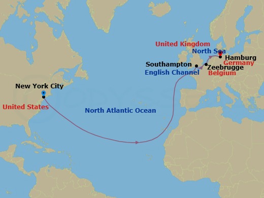 10 Night - Eastbound Transatlantic Crossing - Queen Mary 2 - Starting in New York, NY, Southampton, England, UK, Zeebrugge (tours to Bruges), Belgium, Hamburg, Germany itinerary map