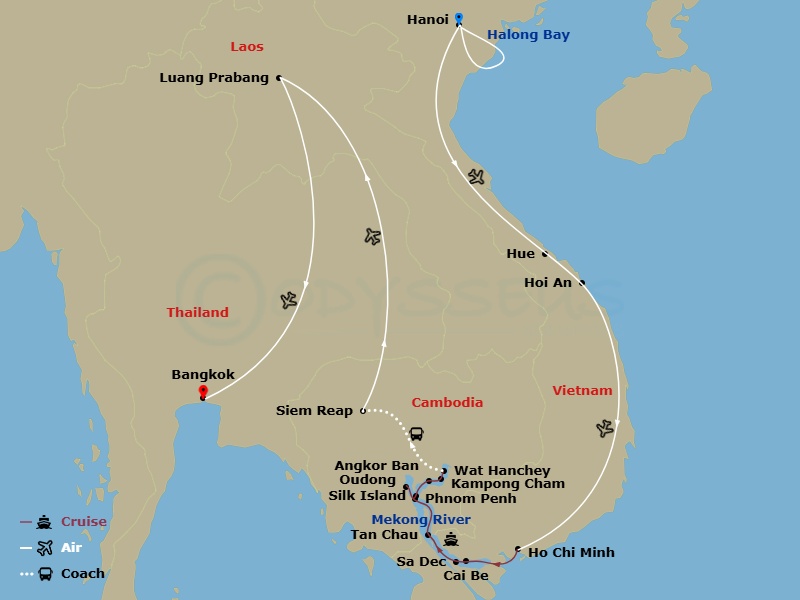 24 Night - Grand Indochina & Luxury Mekong - Scenic Spirit - Starting in Hanoi, Hanoi / Halong Bay Cruise, Halong Bay Cruise, Halong Bay Cruise / Hanoi, Hanoi / Hoi An, Hoi An, Hoi An / Hue, Hue / Ho Chi Minh City, Ho Chi Minh City, Ho Chi Minh City / Mekong Cruise, Cai Be / Sa Dec, Tan Chau / Border Crossing, Phnom Penh, Phnom Penh / Oudong, Silk Island / Angkor Ban, Wat Hanchey / Kampong Cham, Mekong Cruise / Siem Reap, Siem Reap, Siem Reap / Luang Prabang, Luang Prabang, Luang Prabang / Bangkok itinerary map