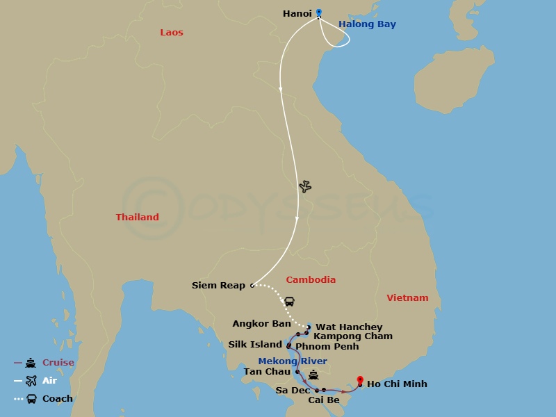 19 Night - Highlights of Cambodia, Vietnam & Luxury Mekong - Scenic Spirit - Starting in Hanoi, Hanoi / Halong Bay Cruise, Halong Bay Cruise, Halong Bay Cruise / Hanoi, Hanoi / Siem Reap, Siem Reap, Siem Reap / Mekong Cruise, Wat Hanchey / Kampong Cham, Kampong Cham / Angkor Ban, Angkor Ban / Silk Island / Phnom Penh, Phnom Penh, Phnom Penh / Border Crossing / Tan Chau, Tan Chau, Sa Dec, Cai Be, Mekong Cruise / Ho Chi Minh City, Ho Chi Minh City itinerary map