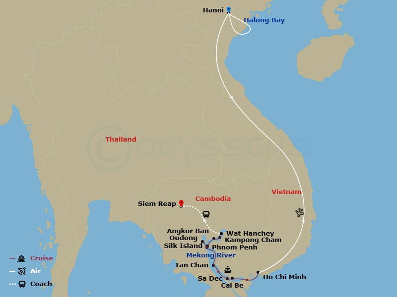 19 Night - Highlights of Vietnam, Cambodia & Luxury Mekong - Scenic Spirit - Starting in Hanoi, Hanoi / Halong Bay Cruise, Halong Bay Cruise, Halong Bay Cruise / Hanoi, Hanoi / Ho Chi Minh City, Ho Chi Minh City, Ho Chi Minh City / Mekong Cruise, Cai Be, Sa Dec, Tan Chau, Border Crossing / Phnom Penh, Phnom Penh, Phnom Penh / Oudong / Silk Island, Angkor Ban, Wat Hanchey / Kampong Cham, Mekong Cruise / Siem Reap, Siem Reap, Depart Siem Reap itinerary map