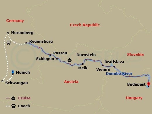 Scenic Crystal - 11 Night - Gems of the Danube with Best of Bavaria - Scenic Crystal - Starting in Munich, Munich / Schwangau, Schwangau, Nuremberg, Nuremberg / Regensburg, Re.. itinerary map